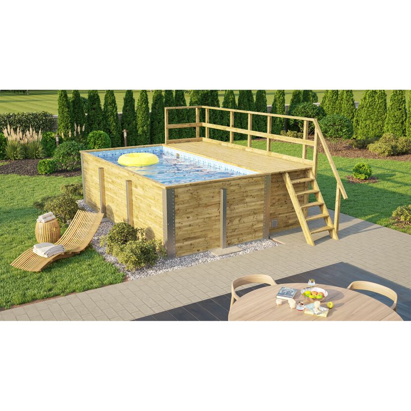 Holzpool im Garten mit Terrasse und Leiter.