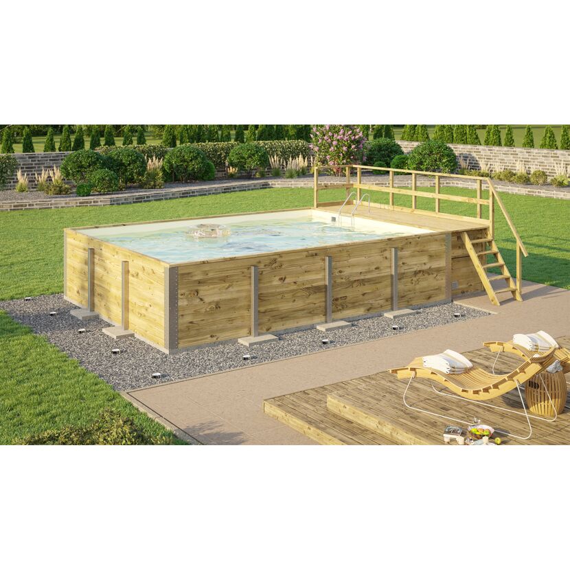 Rechteckiger Pool mit Holzumrandung und Holzleiter.