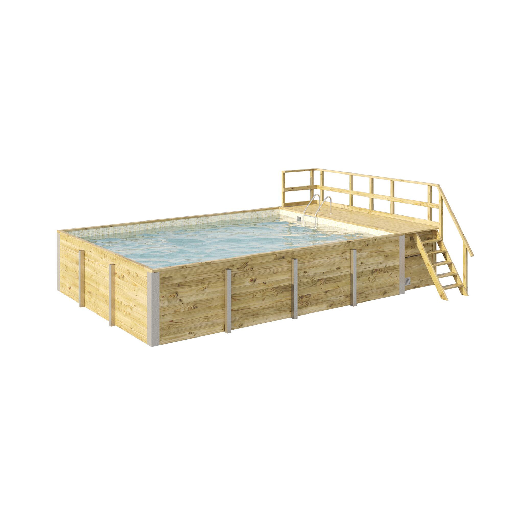 Rechteckiger Holzpool mit Holzpodest und Leiter