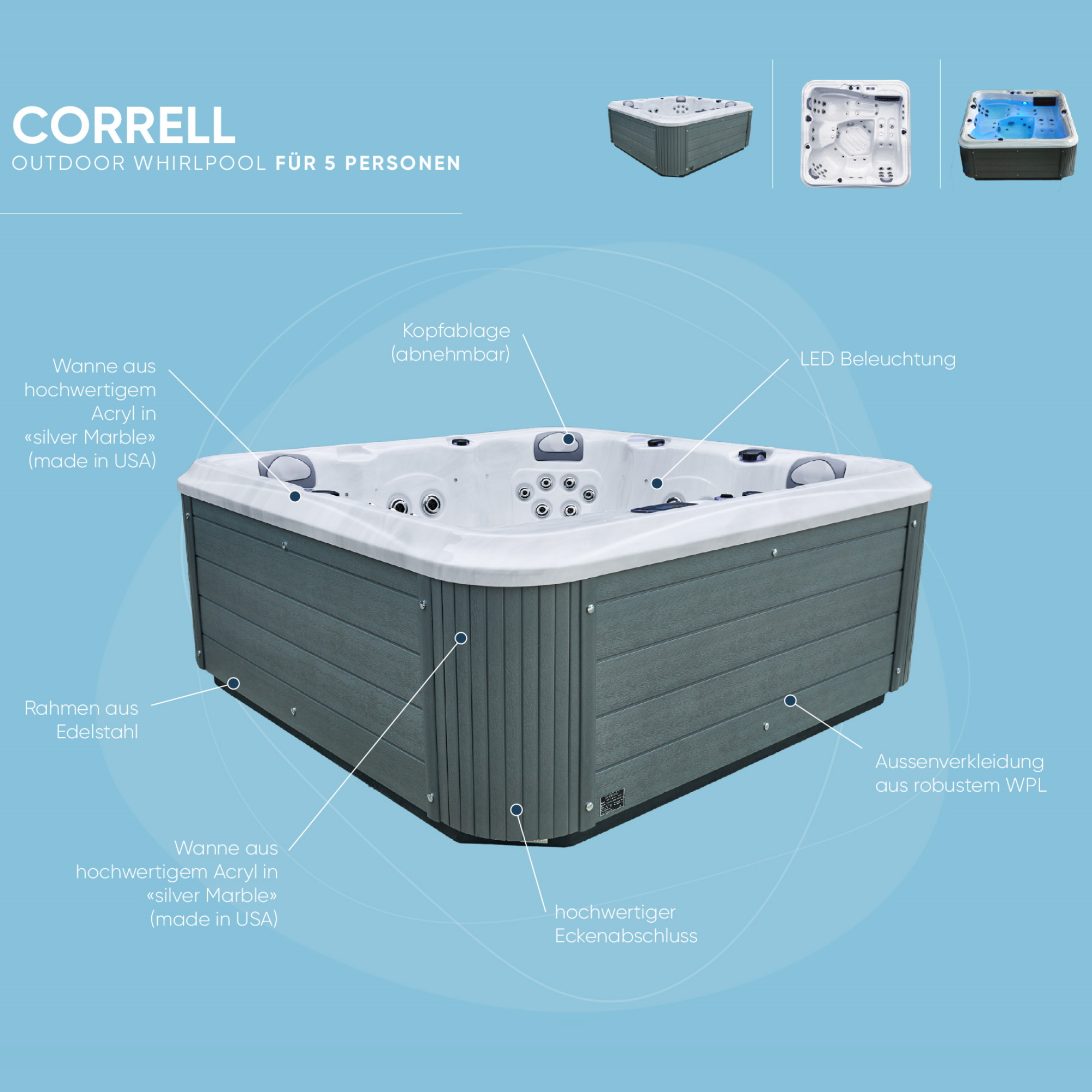 Whirlpool 'Correll Classic' silbern 200 x 200 x 82 cm, 1100 l, 30 Düsen + product picture