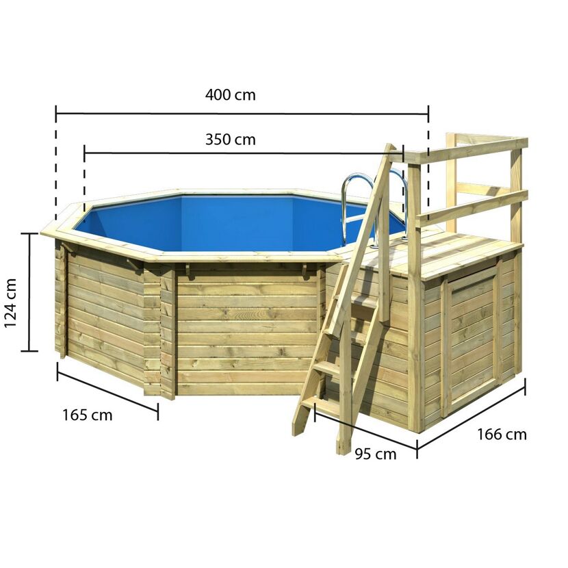 Massivholzpool-Set 'Modell 1 B' 400 x 400 x 124 cm mit Sonnendeck und Tiefbeckenleiter