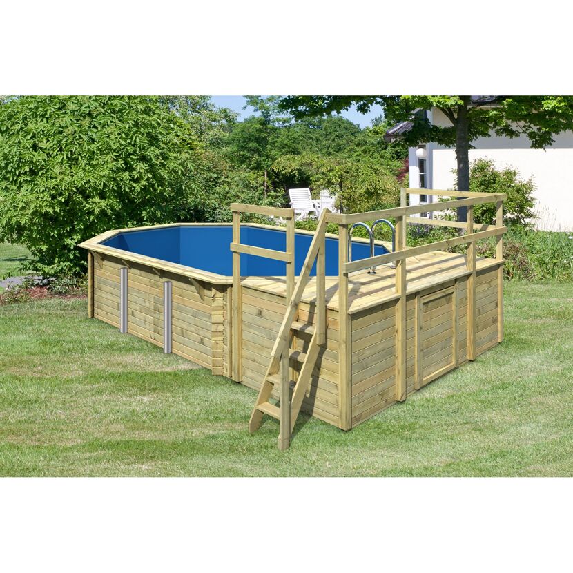 Massivholzpool-Set 'Modell 4 D' 690 x 400 x 124 cm mit 2 Eckterrasse und Tiefbeckenleiter