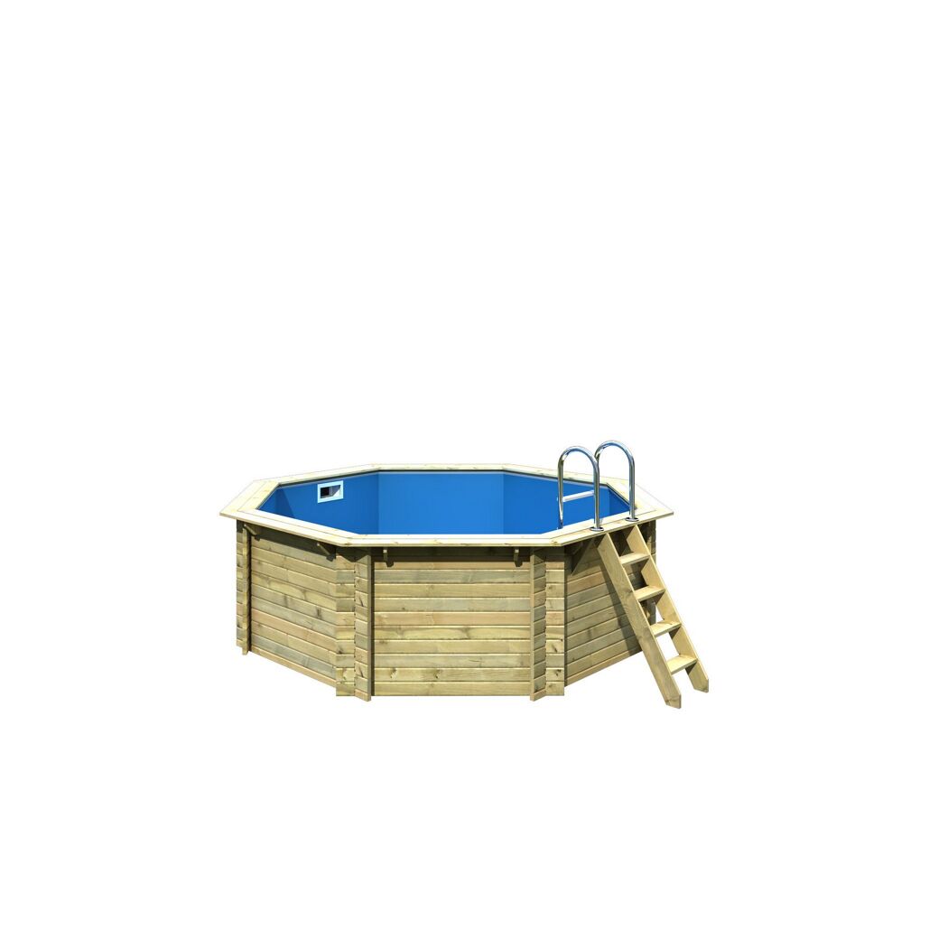 Achteckiger Holzpool mit blauer Innenfolie und Holzleiter.