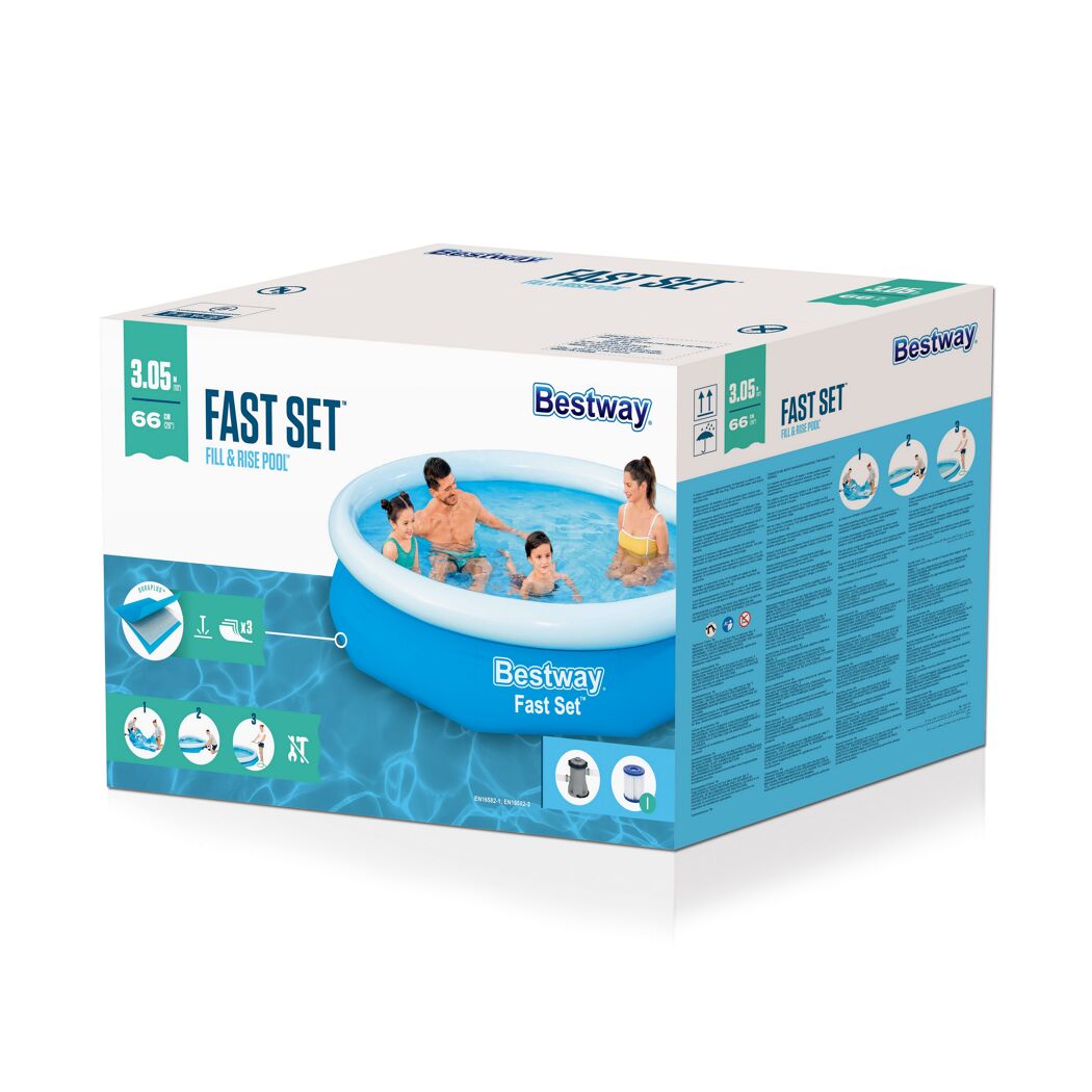Bestway Fast Set Aufstellpool, Familie im Pool auf Verpackung