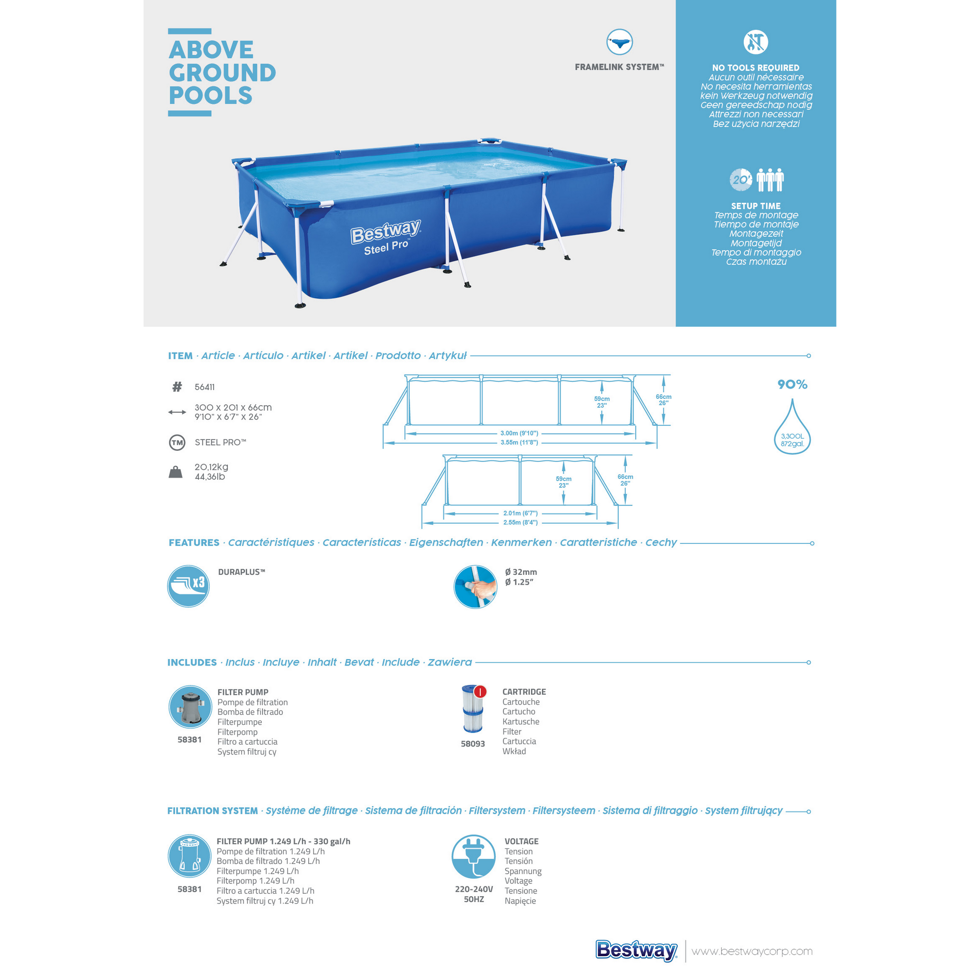 Aufstellpool-Set 'Steel Pro™' blau 300 x 201 x 66 cm, mit Filterpumpe + product picture