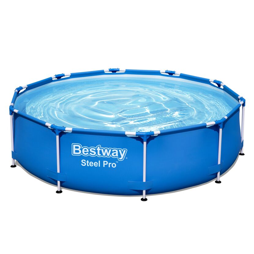 Blauer Aufstellpool Bestway Steel Pro mit Wasser gefüllt.