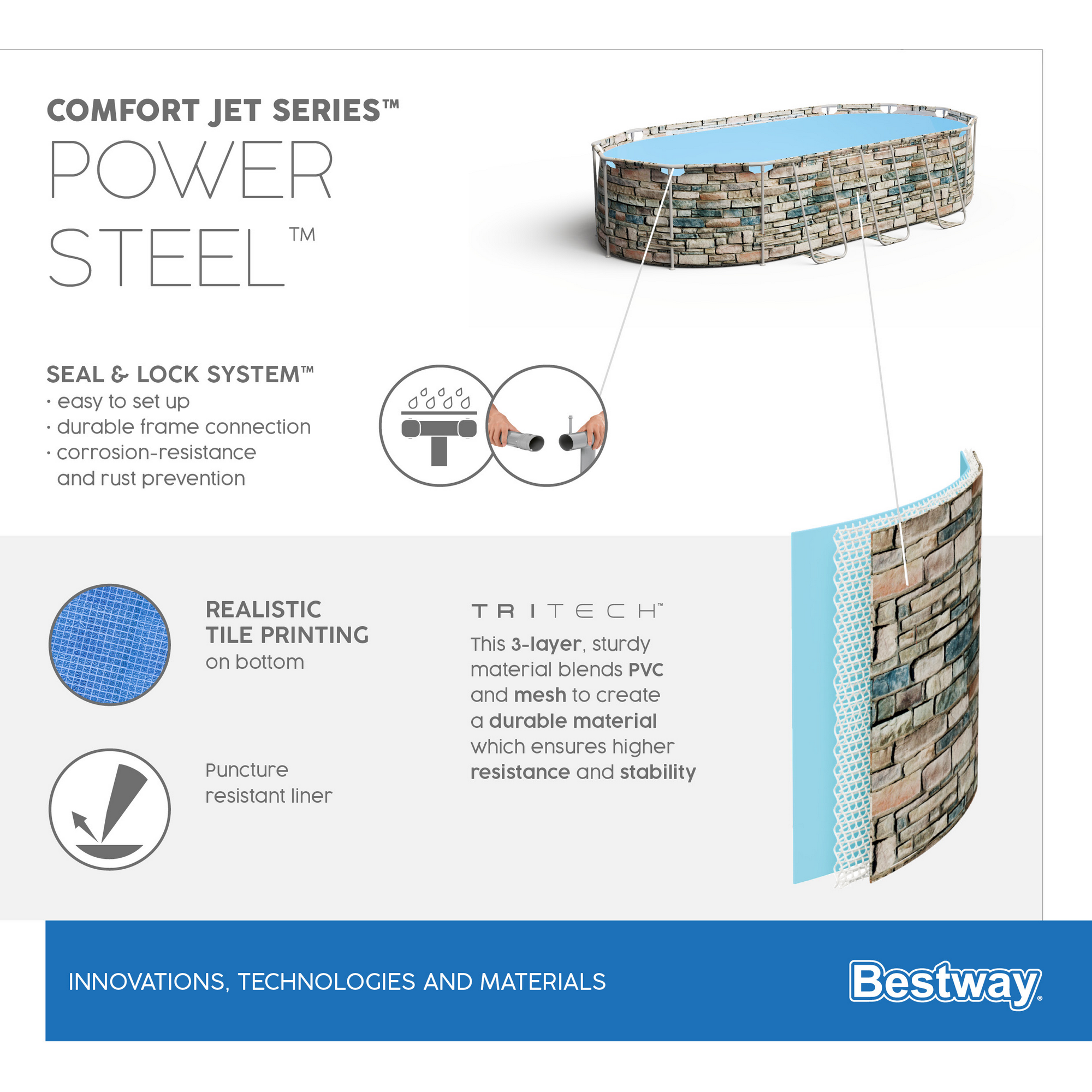 Aufstellpool-Komplett-Set 'Power Steel Comfort Jet' grau Steinwand-Optik 610 x 366 x 122 cm + product picture
