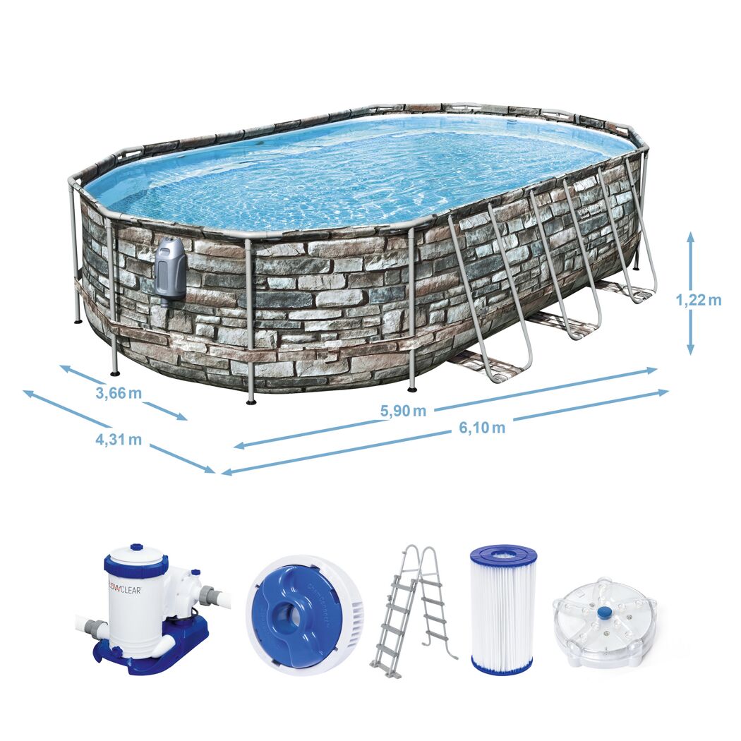 Ovaler Aufstellpool mit Filterpumpe, Leiter und Beleuchtung.