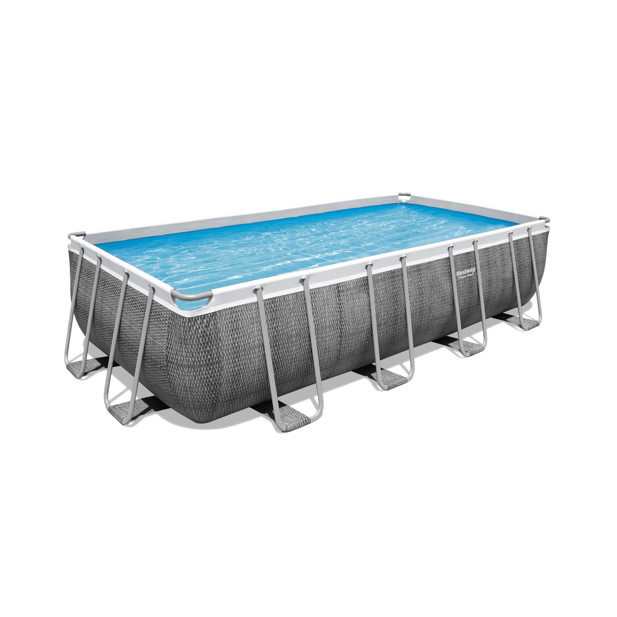 Rechteckiger Aufstellpool mit Wasser gefüllt.