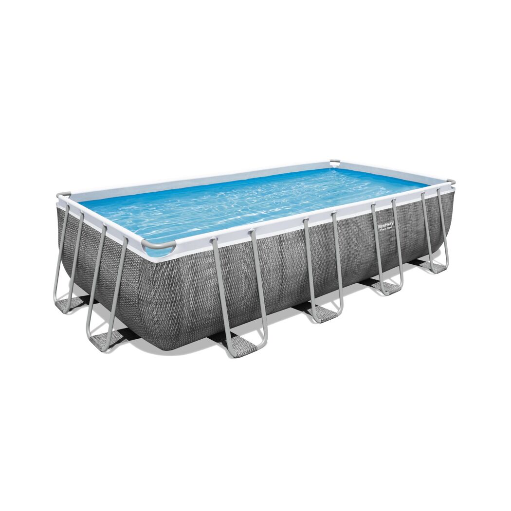 Rechteckiger, grauer Aufstellpool mit blauem Wasser.