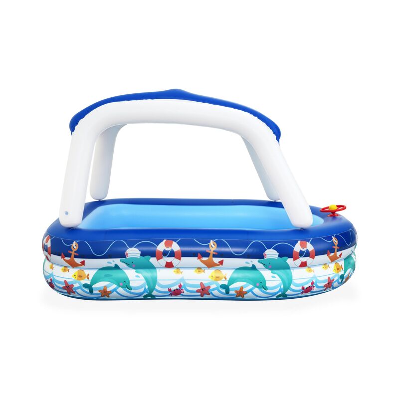 Blauer, aufblasbarer Kinderpool mit Sonnendach und maritimen Motiven.