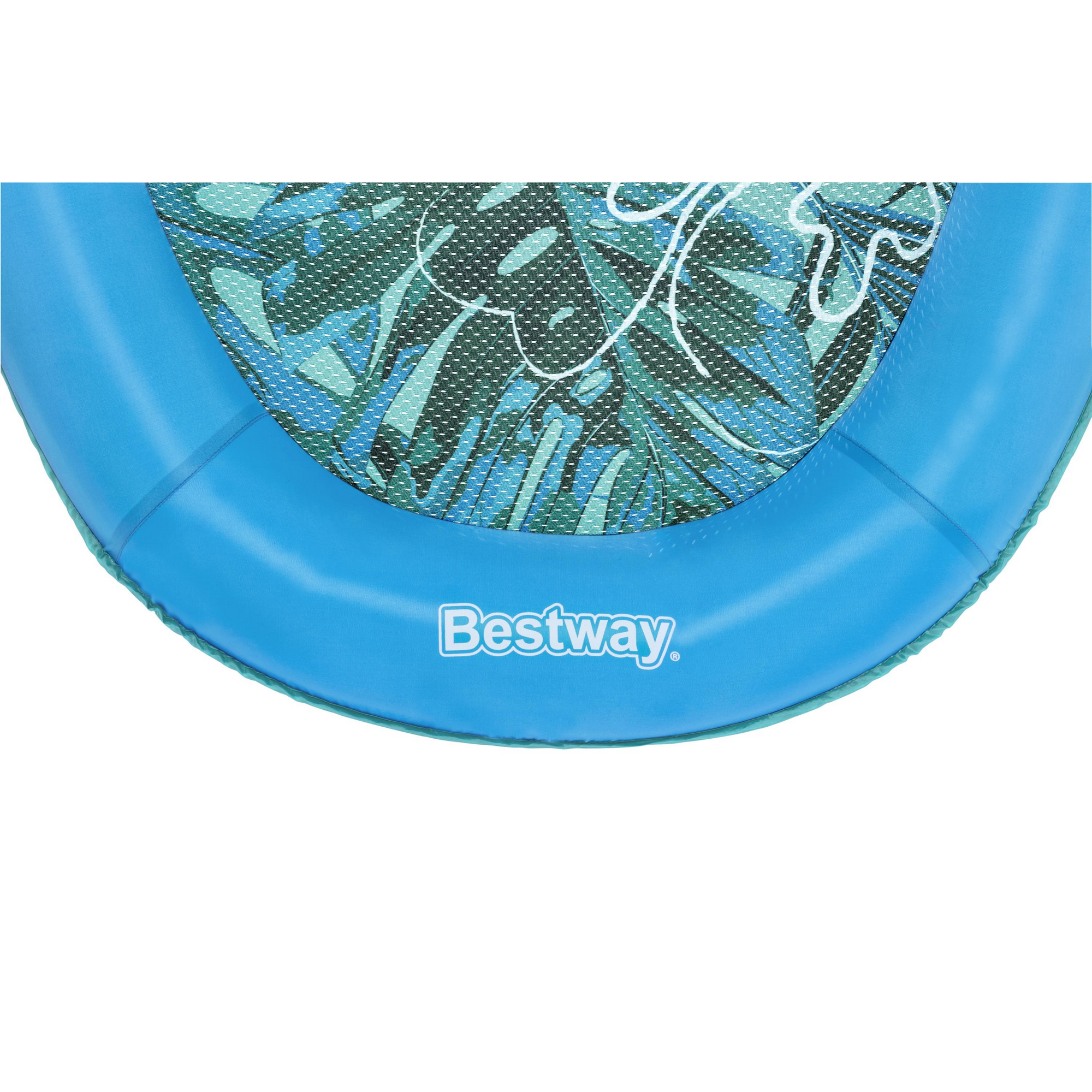 Blaue Poolmatte mit tropischem Blätterdesign