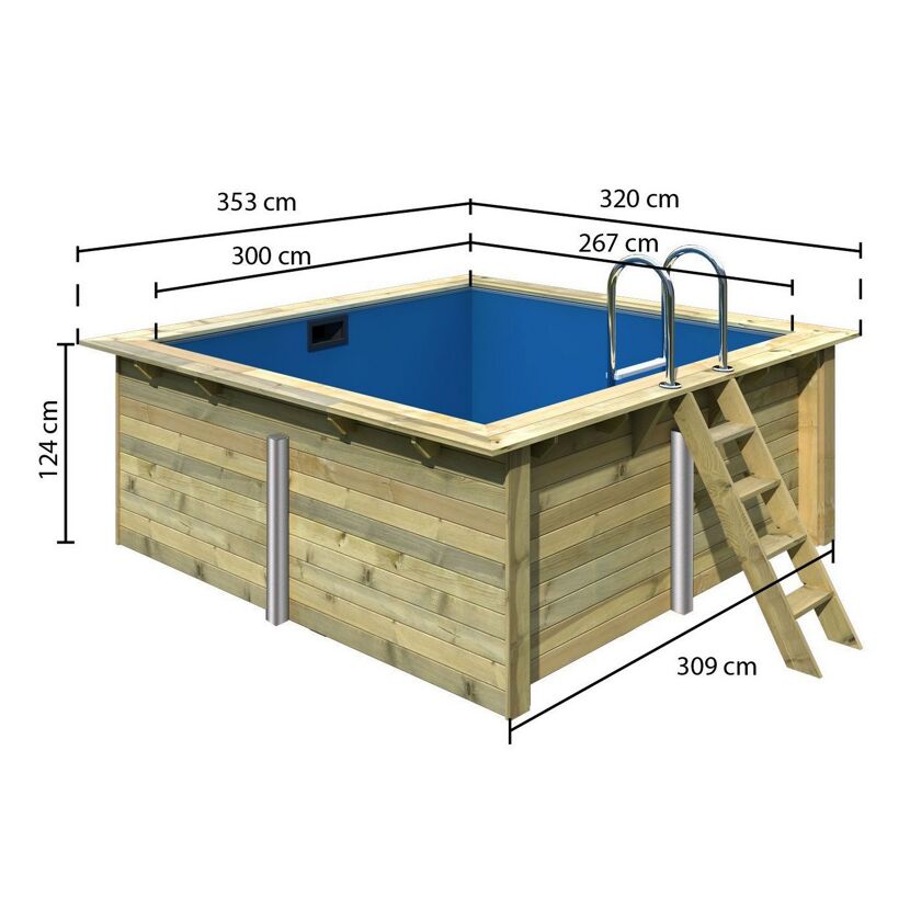Quadratischer Holzpool mit Leiter und Maßen