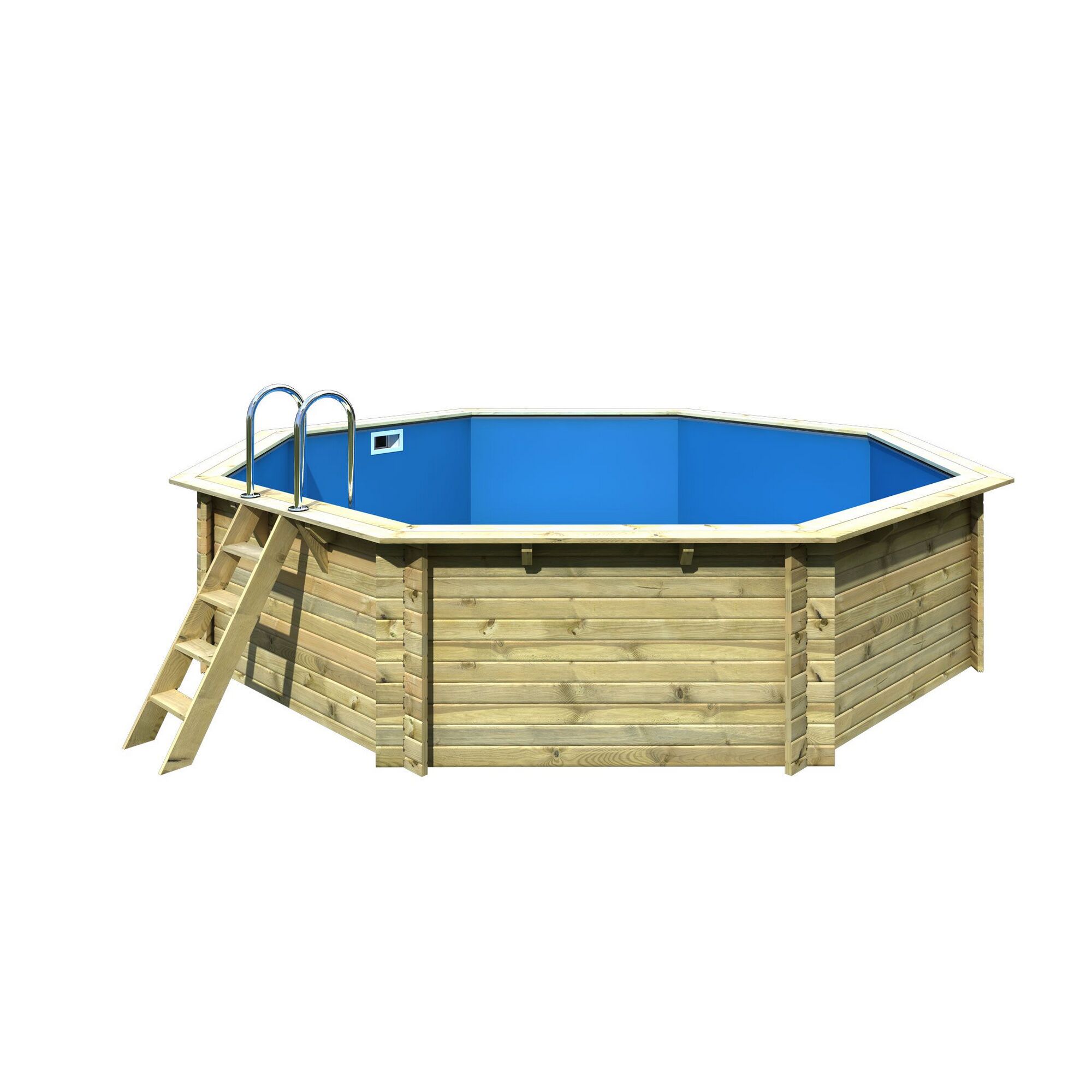 Achteckiger Holzpool mit blauer Innenfolie und Leiter.