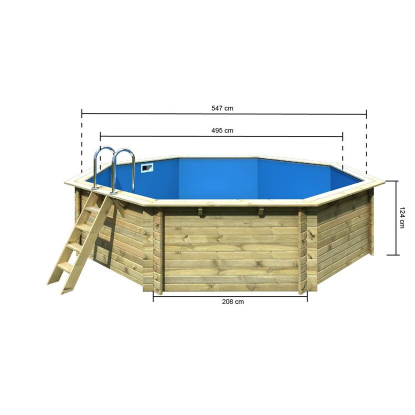 Achteckiger Holzpool mit blauer Innenfolie und Leiter.
