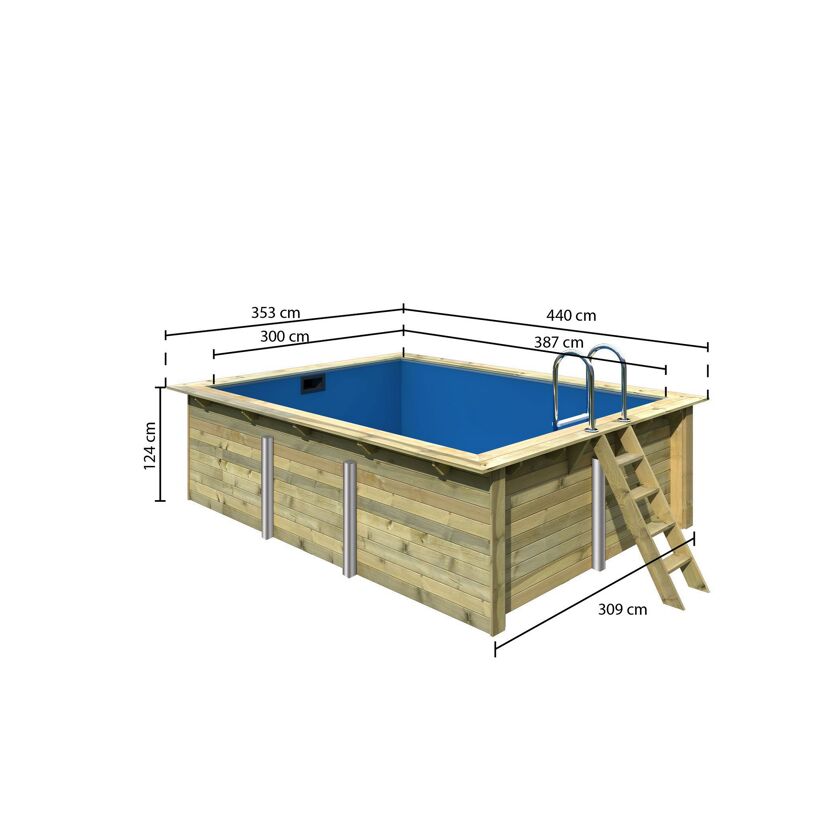 Massivholzpool-Set 'Modell Rechteck pool-Set 2' 387 x 300 x 124 cm mit Edelstahlleiter und Holzleiter