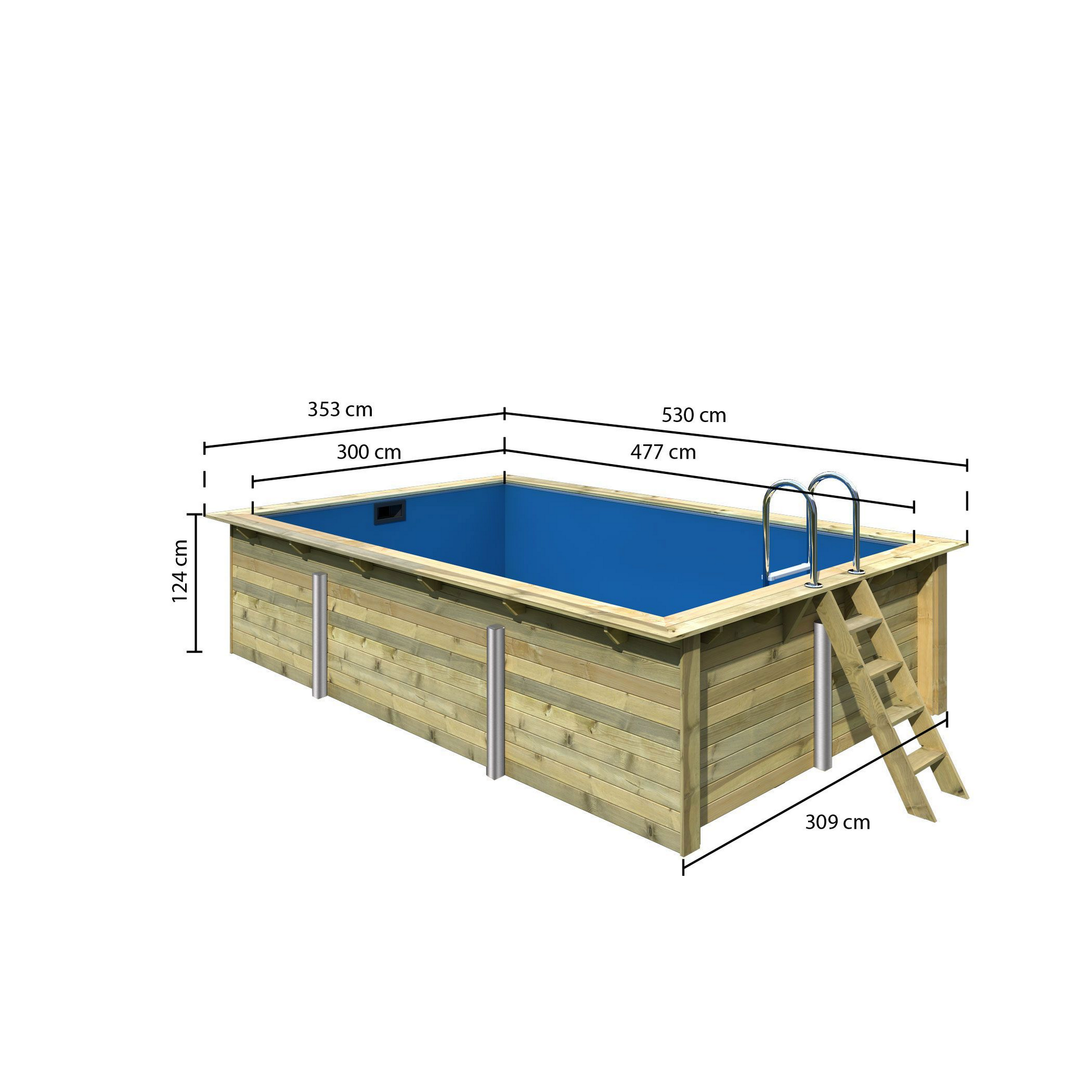 Massivholzpool-Set 'Modell Rechteck pool-Set 3' 477 x 300 x 124 cm mit Edelstahlleiter und Holzleiter + product picture