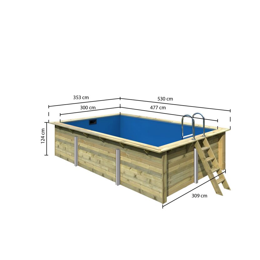 Massivholzpool-Set 'Modell Rechteck pool-Set 3' 477 x 300 x 124 cm mit Edelstahlleiter und Holzleiter