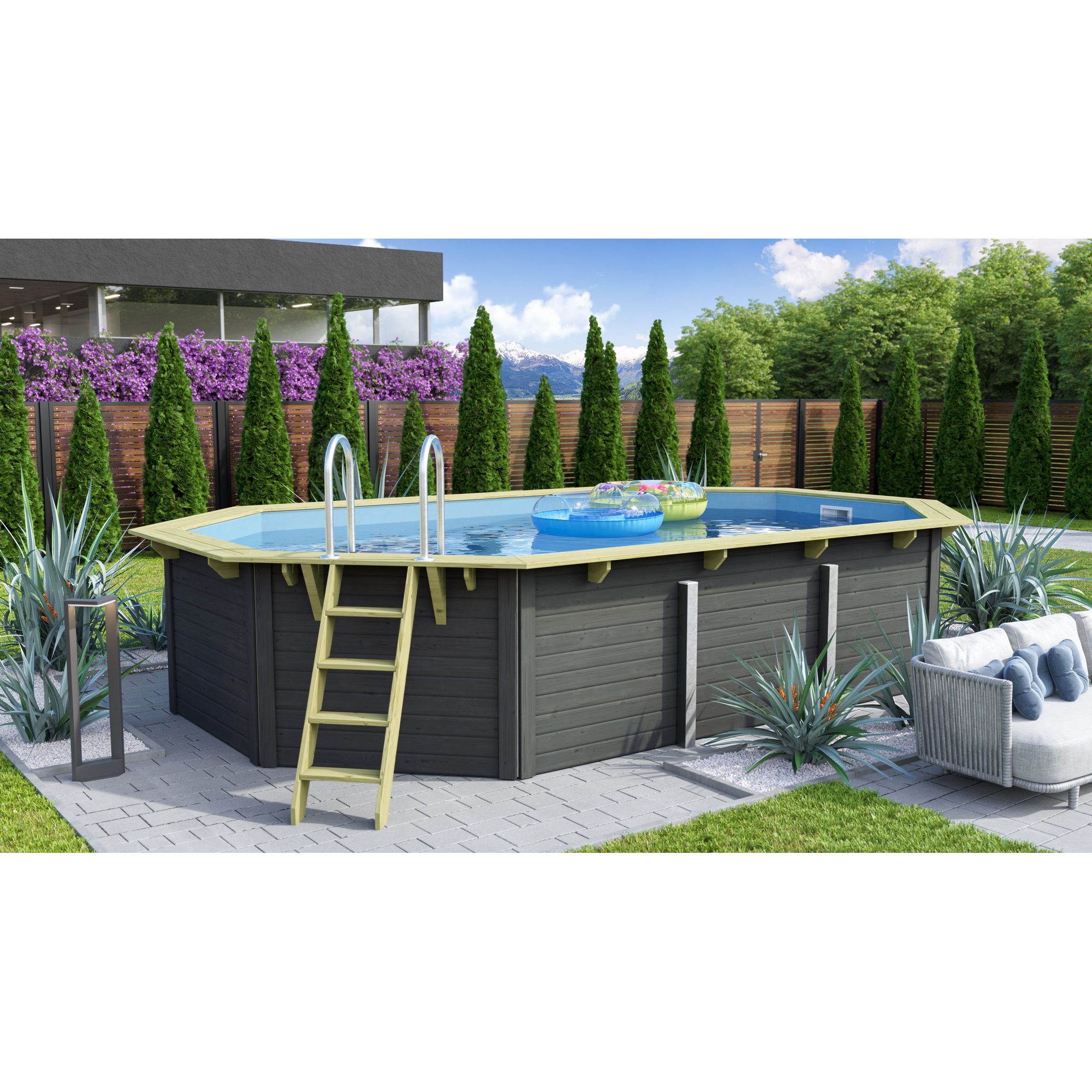 Massivholzpool-Set 'Modell pool-Set X4' 558 x 347 x 124 cm mit Edelstahlleiter und Holzleiter + product picture
