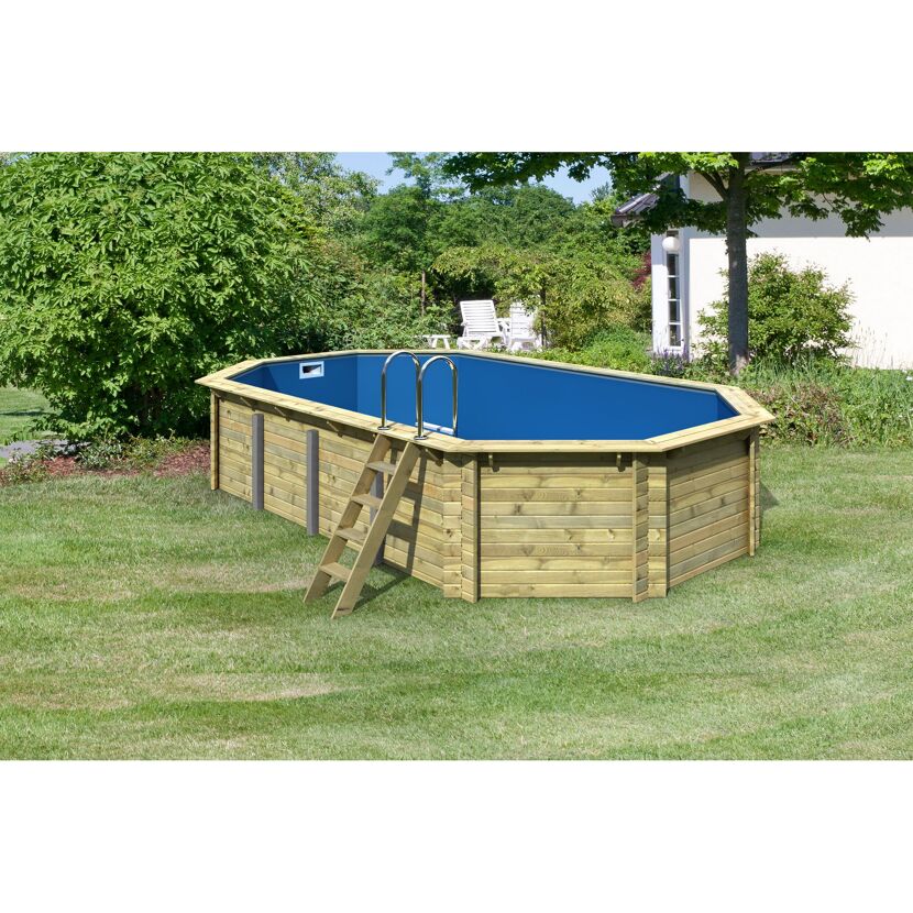 Massivholzpool-Set 'Modell 5 A' 650 x 350 x 124 cm mit Edelstahlleiter und Holzleiter