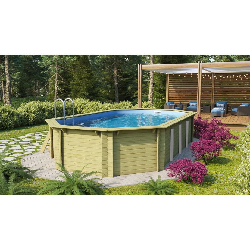 Massivholzpool-Set 'Modell 5 A' 650 x 350 x 124 cm mit Edelstahlleiter und Holzleiter
