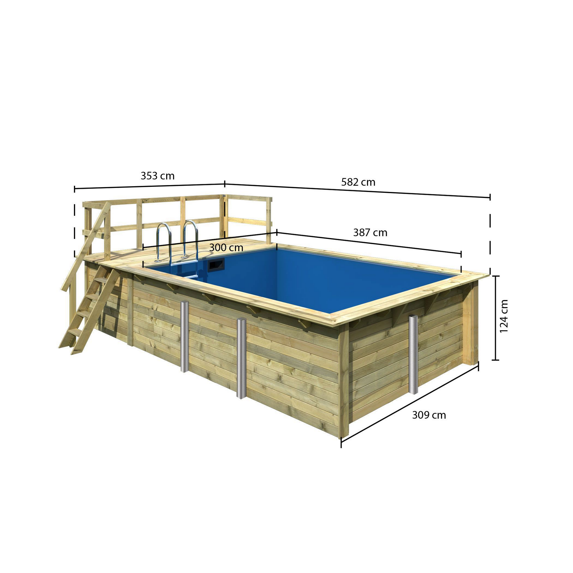 Massivholzpool-Set 'Modell Rechteck pool-Set 2 A' 387 x 300 x 124 cm mit Sonnendeck und Einhängeleiter