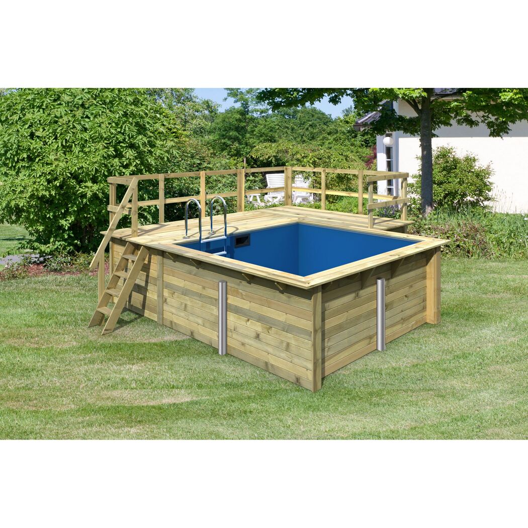 Quadratischer, blauer Holzpool im Garten