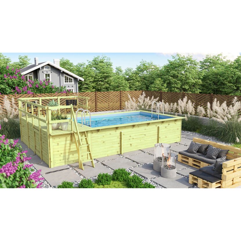Massivholzpool-Set 'Modell Rechteck pool-Set 3 B' 477 x 300 x 124 cm mit Sonnendeck und Einhängeleiter