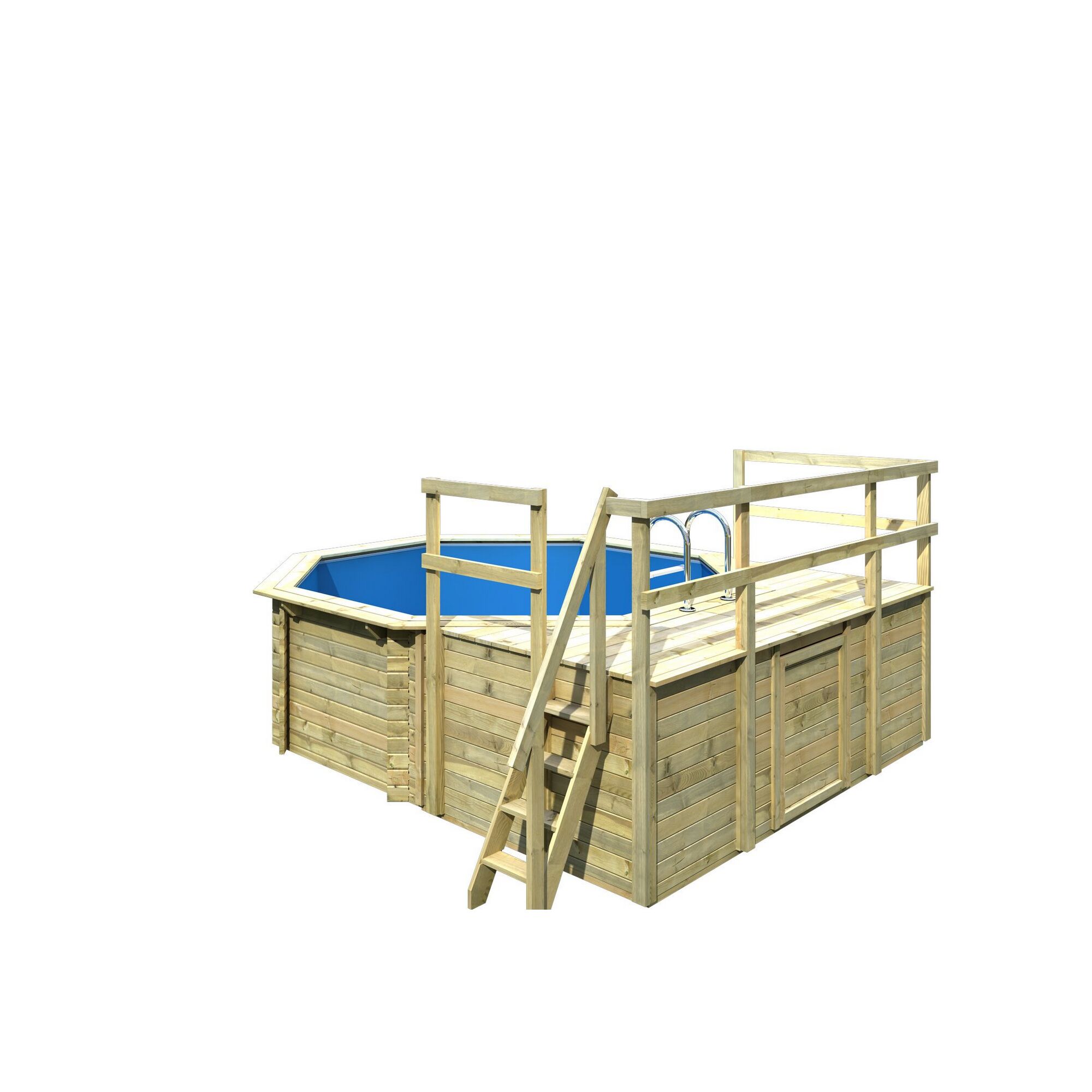 Sechseckiger Holzpool mit Holzdeck, Geländer und Leiter.
