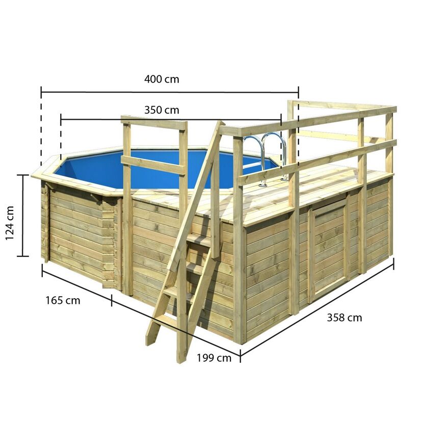 Achteckiger Holzpool mit Holzpodest und Leiter.