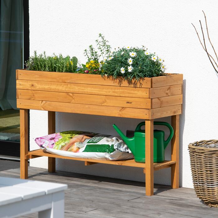 Hochbeet mit Ablage Holz bernsteinfarben 117 x 40 x 80 cm