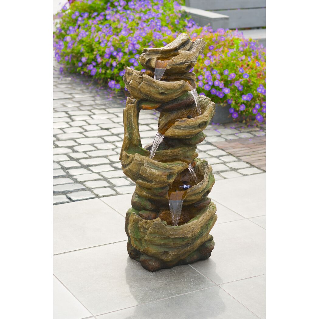 Dekorativer Gartenbrunnen in Holzoptik mit Wasserfall