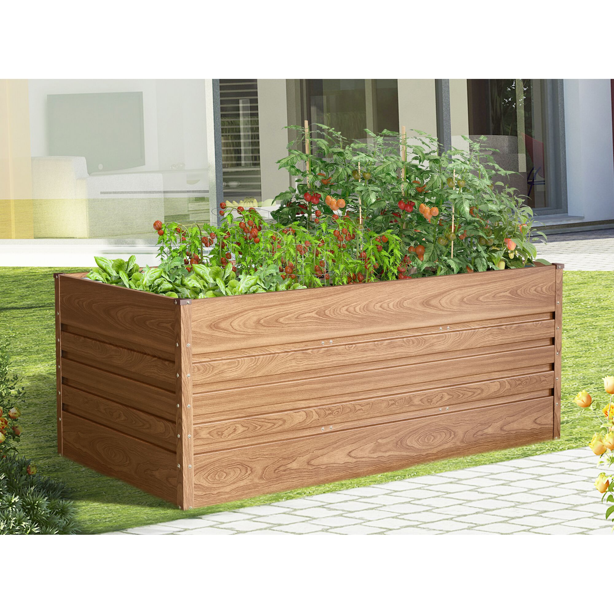 Hochbeet aus Holz mit Tomatenpflanzen und Kräutern.