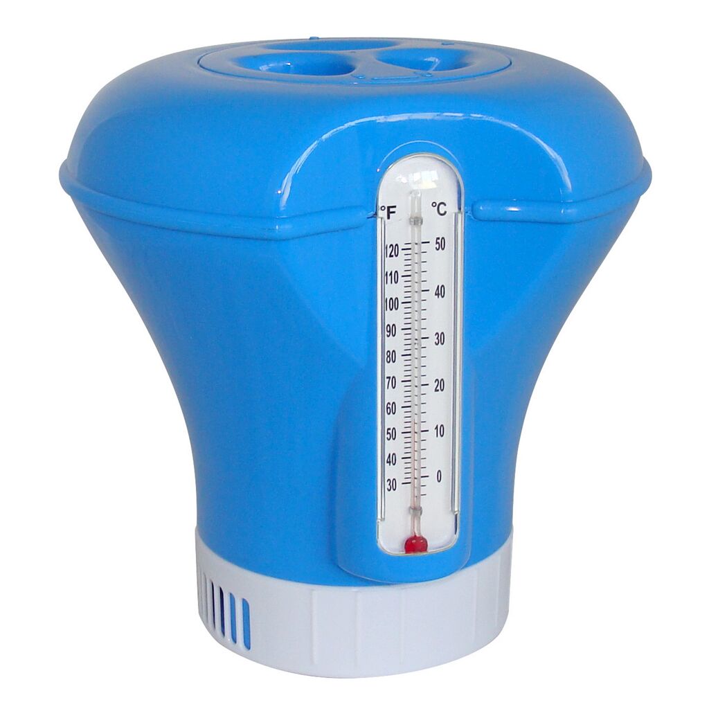Blauer Dosierschwimmer mit integriertem Thermometer.