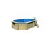 Achteckiger Holzpool mit blauer Innenfolie und Leiter.