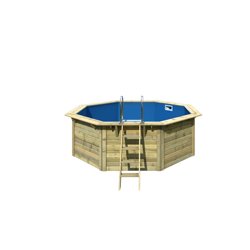 Achteckiger Holzpool mit blauer Innenfolie und Holzleiter.