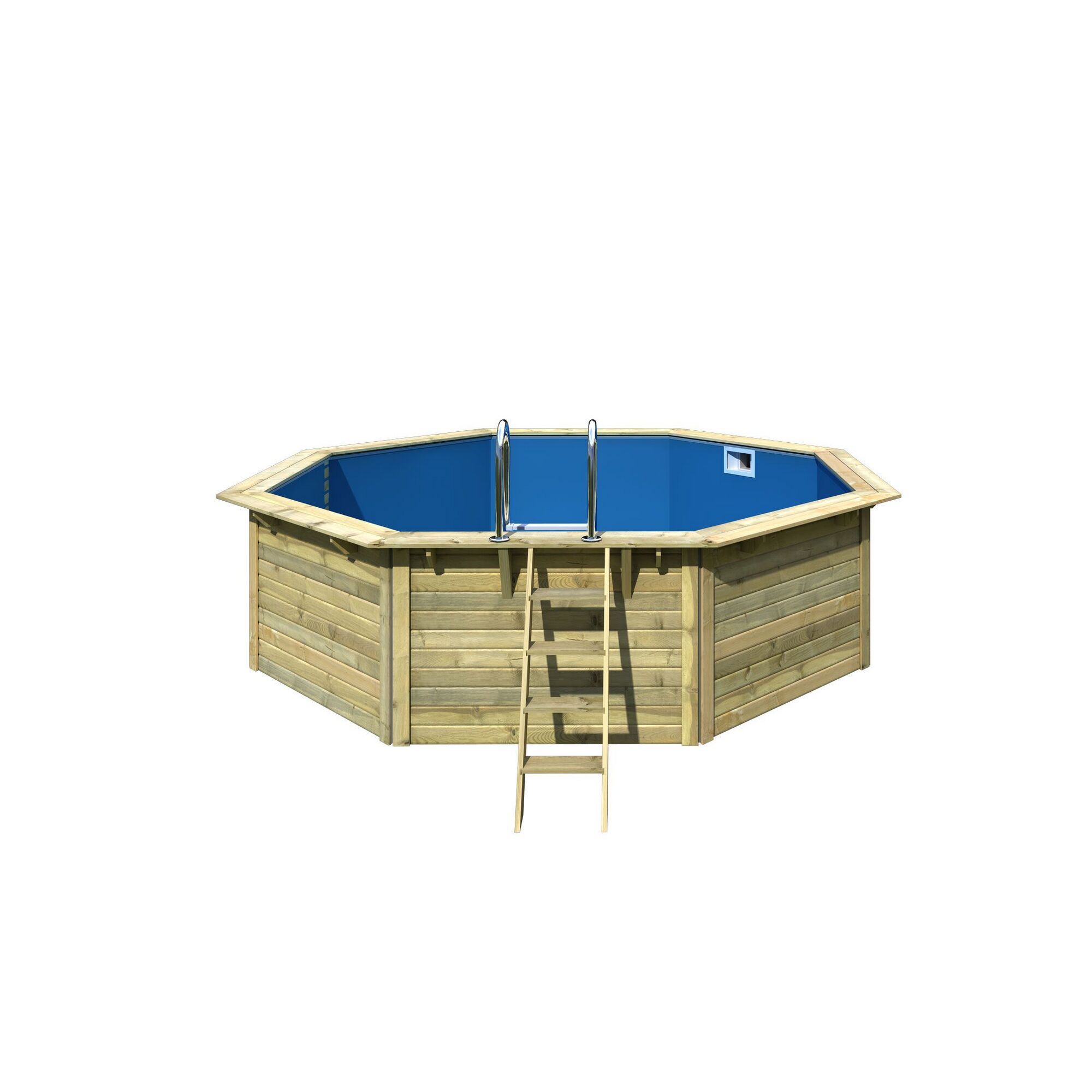 Achteckiger Holzpool mit blauer Innenfolie und Holzleiter.