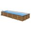 Rechteckiger Holzpool mit blauer Innenfolie und Leiter.