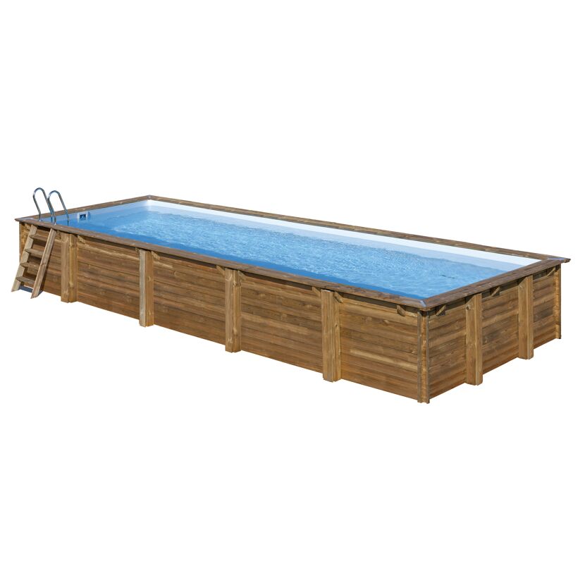 Rechteckiger Holzpool mit blauer Innenfolie und Leiter.