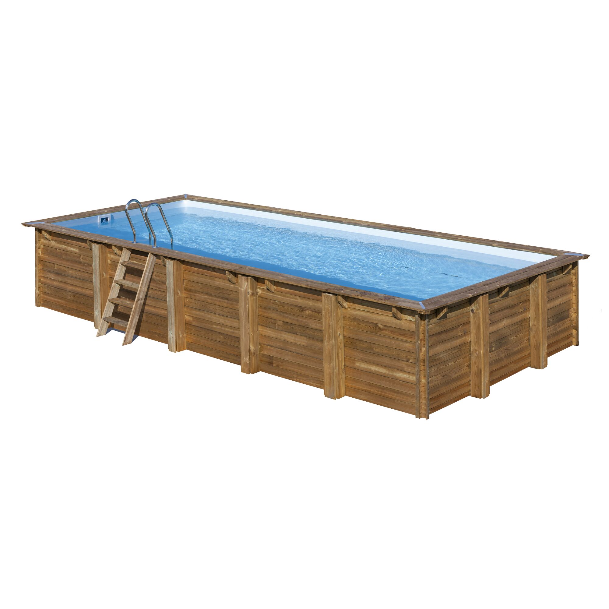 Rechteckiger Holzpool mit blauer Innenfolie und Leiter