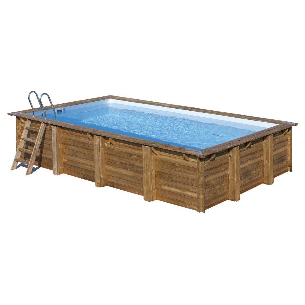 Rechteckiger Holzpool mit blauer Innenhülle und Leiter.