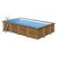 Rechteckiger Holzpool mit blauer Innenhülle und Leiter.