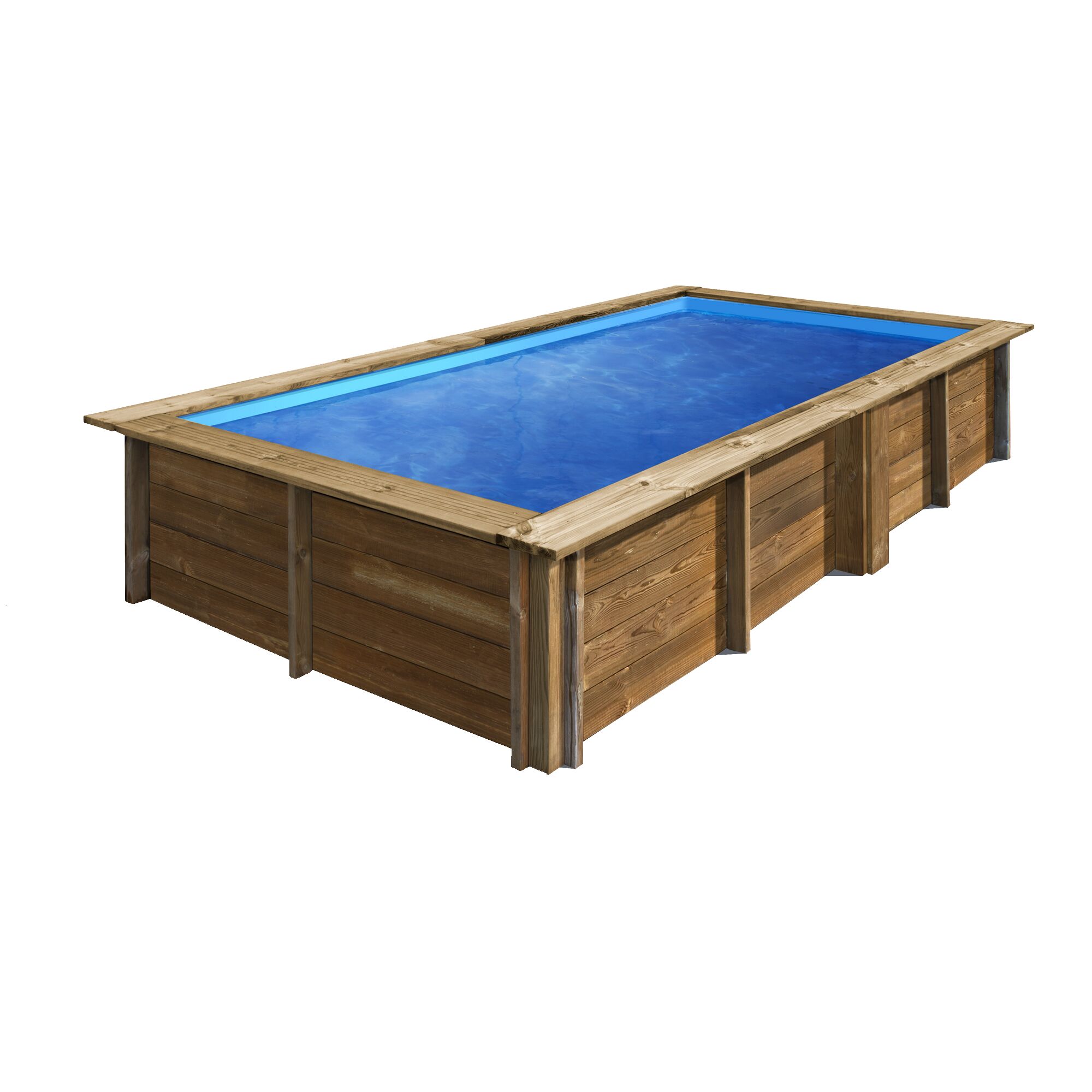 Rechteckiger Holzpool mit blauer Innenfolie