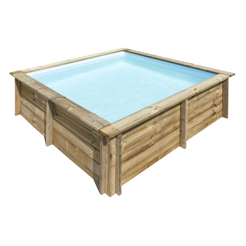 Quadratischer Holzpool mit blauer Innenfolie