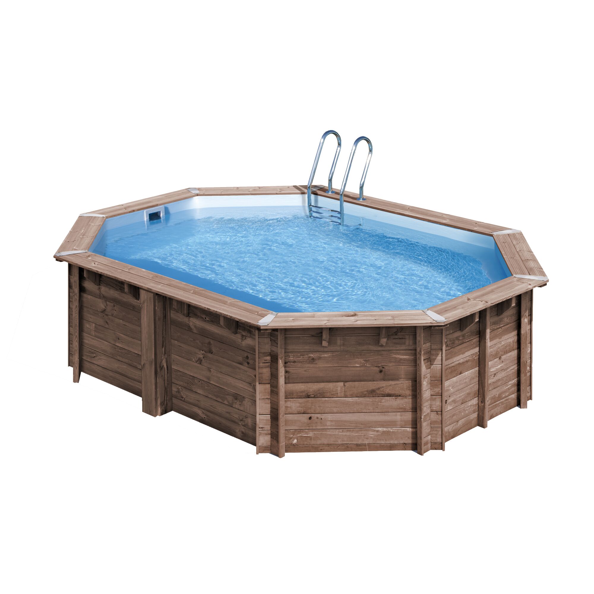 Achteckiger Holzpool mit blauer Innenfolie und Leiter.