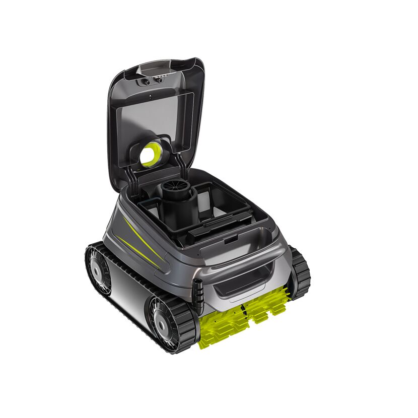 Poolreinigungsroboter mit geöffnetem Deckel