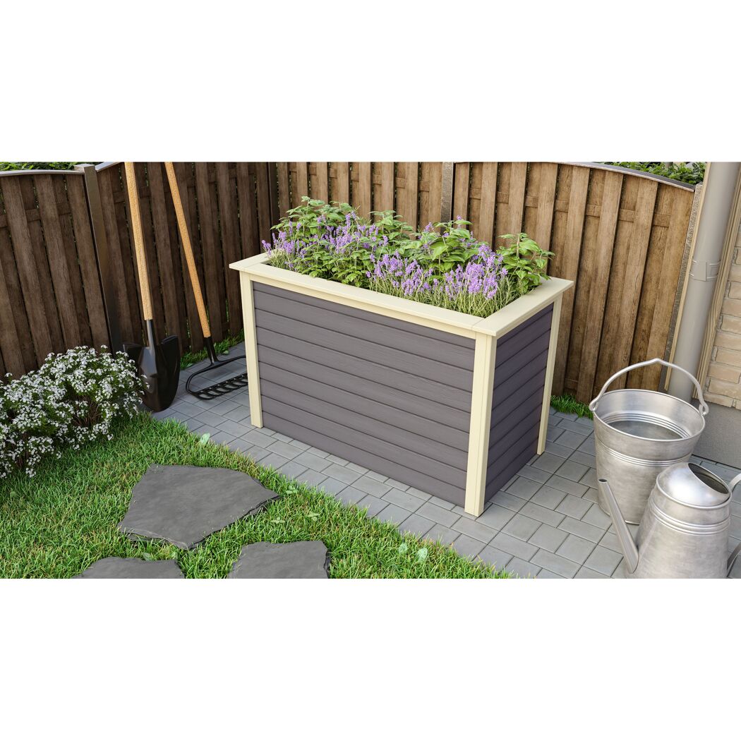 Graues Hochbeet mit Lavendel und Kräutern.