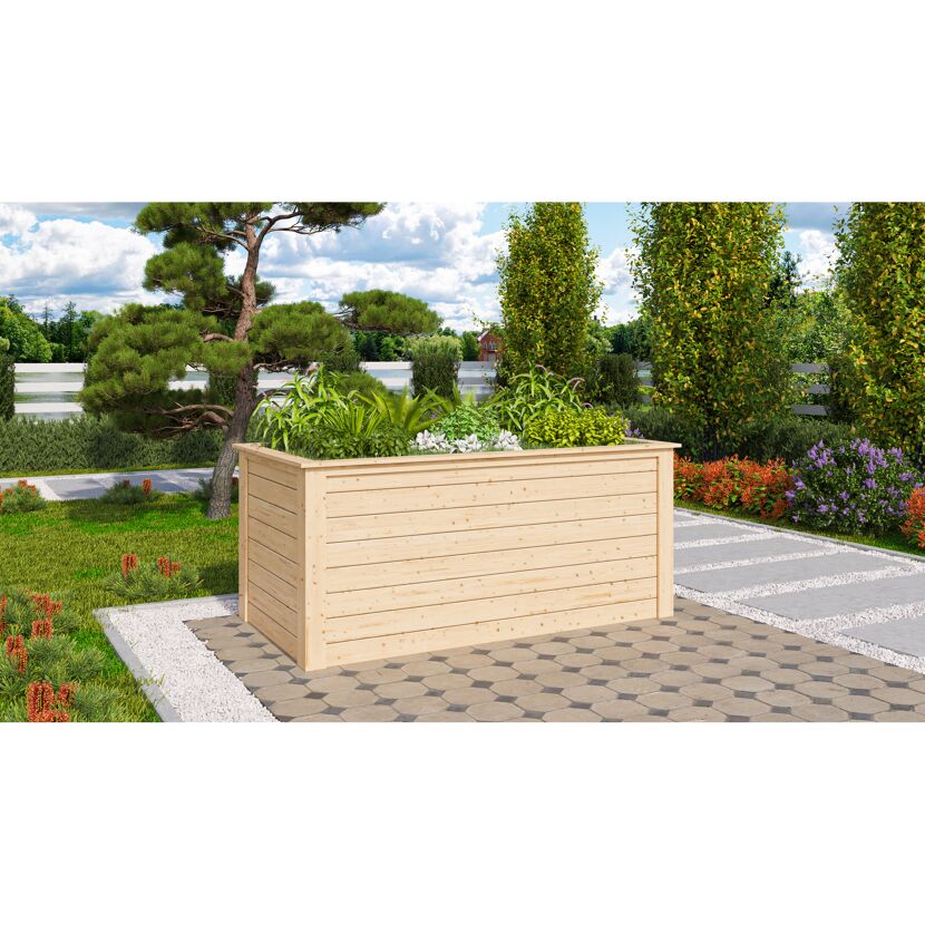 Holz-Hochbeet mit Pflanzen im Garten