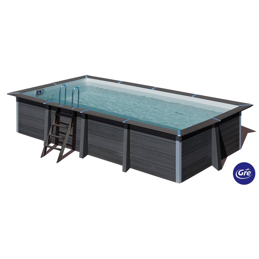 Rechteckiger Aufstellpool mit Holzoptik und Leiter
