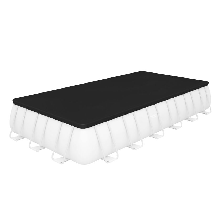 Schwarze Poolabdeckung auf einem weißen Poolgestell